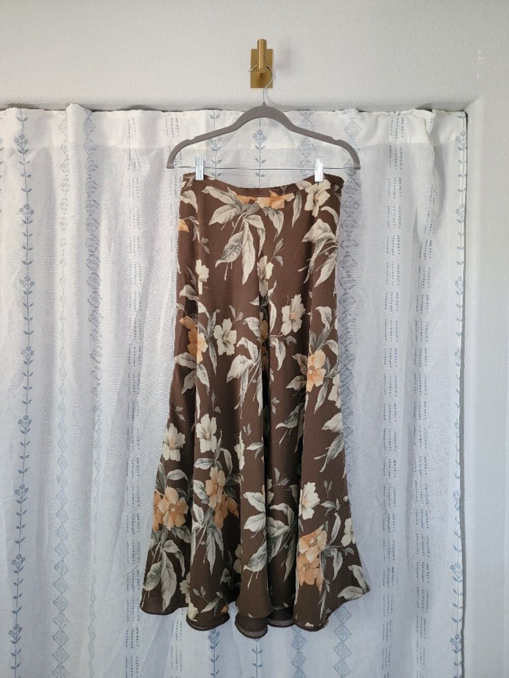 Vintage Jones New York Silk Midi Skirt Floral Brown Hawaiian Pattern